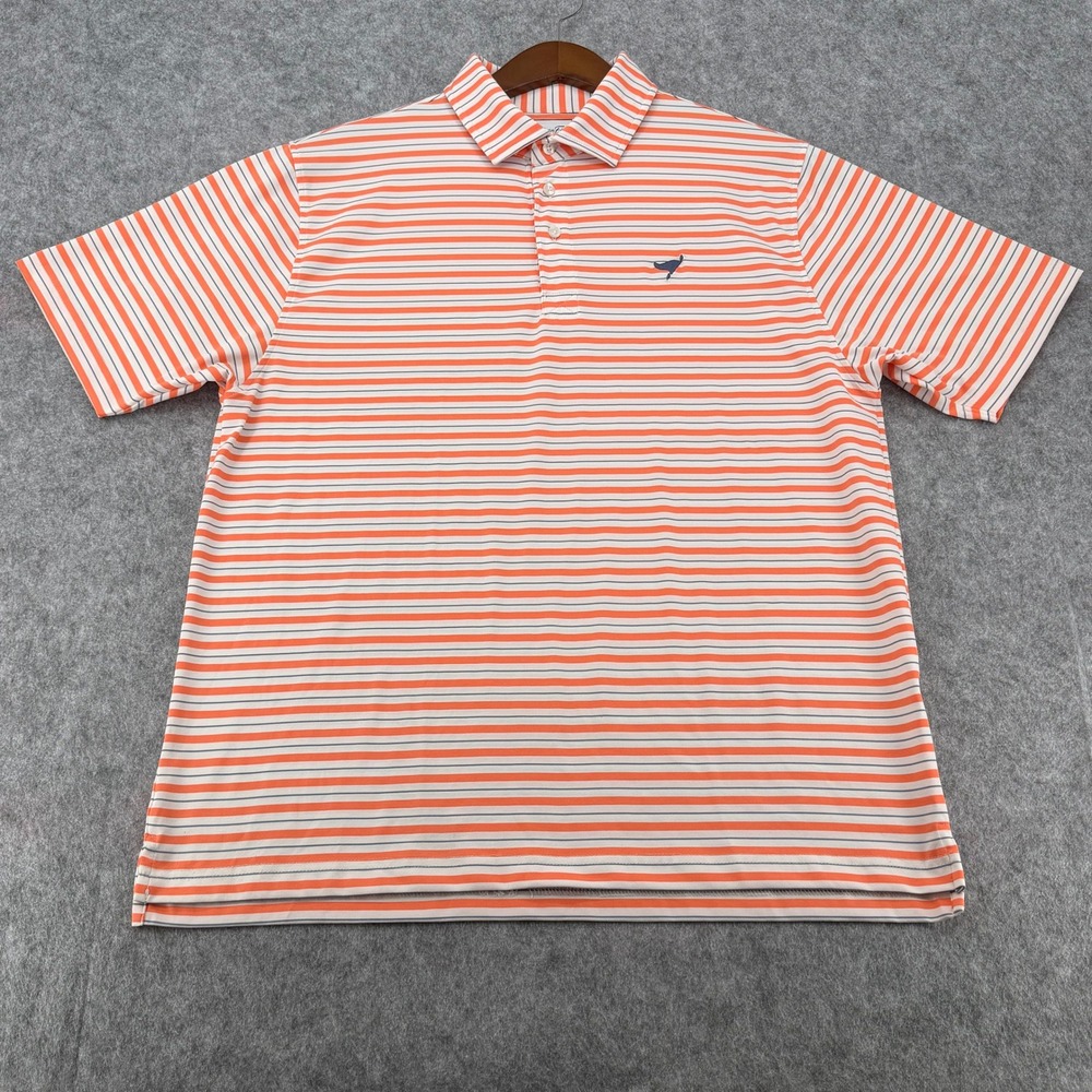 American Fit Mens Large Orange Navy Blue Striped Performance Golf Polo Shirt